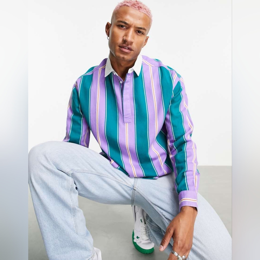 Asos Design 90s Oversized Collegiate Rugby Shirt Long Sleeve Retro Stripe Small